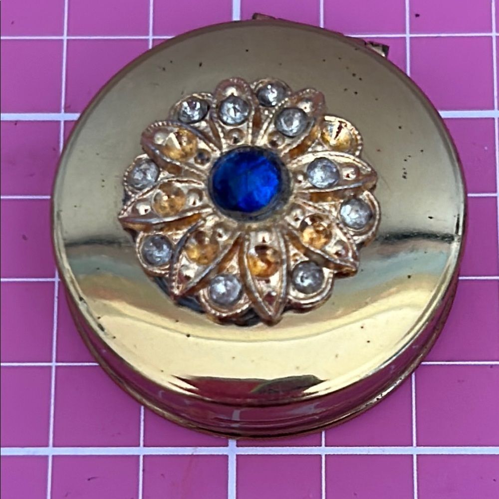 Vintage Gold Tone Compact with Blue and Clear Gem Design